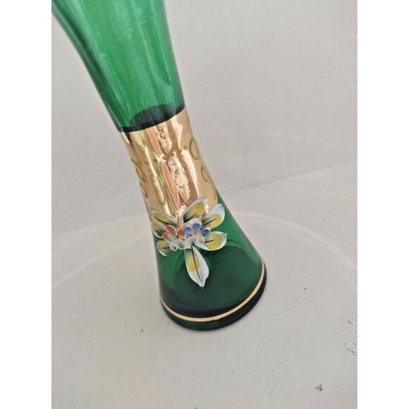 Bohemia Art Glass Vase Hand Blown - Gold Gilded- Enamel Florals 7" Tall - Picture 6 of 11